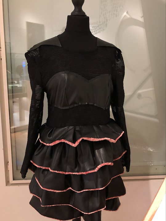 Op een zwarte paspop hangt een zwarte jurk van gaas en kunstleer, met een rok van met roze biezen afgewerkte ruches. en